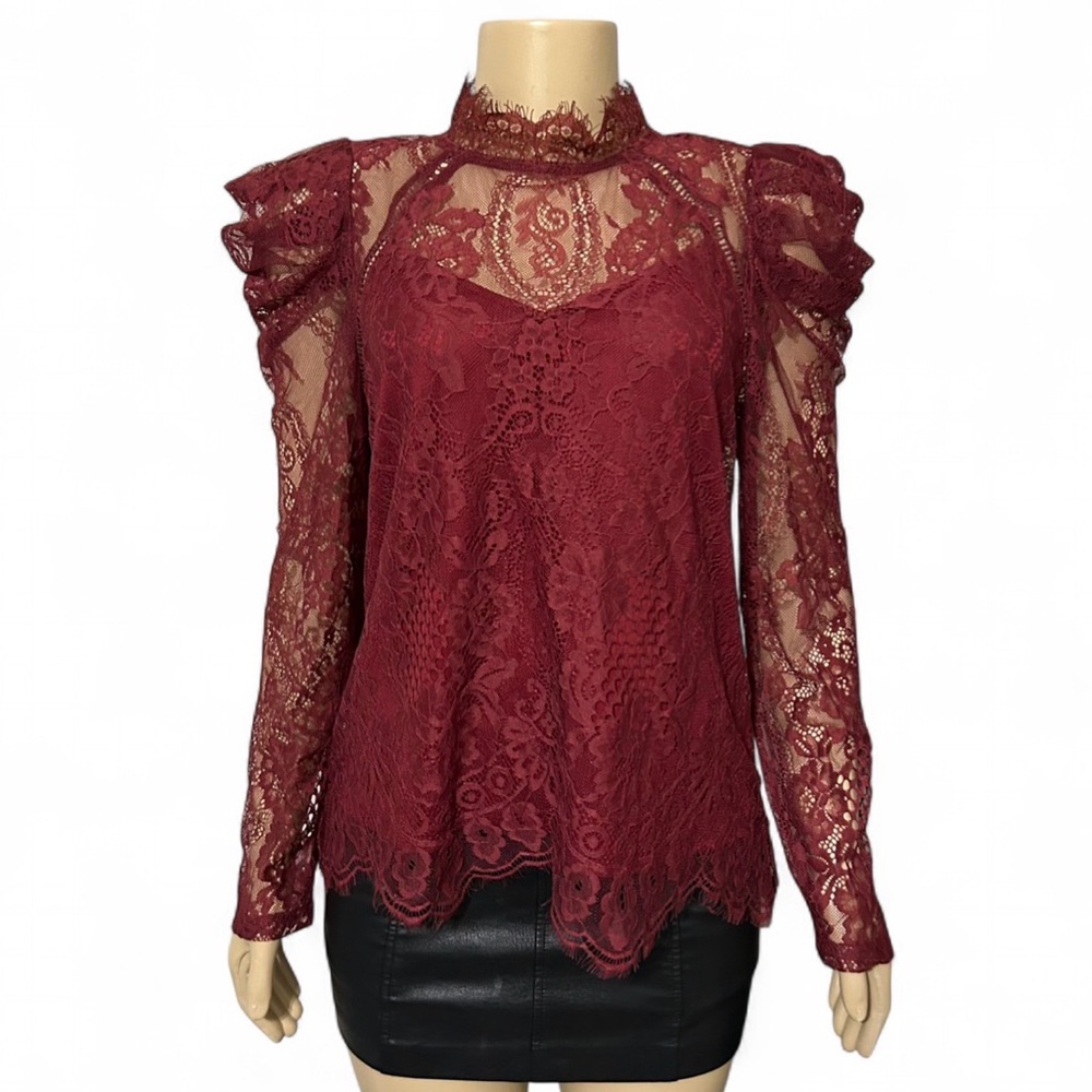 Puff Sleeve Lace Top SML Red Andree Savanna Jane